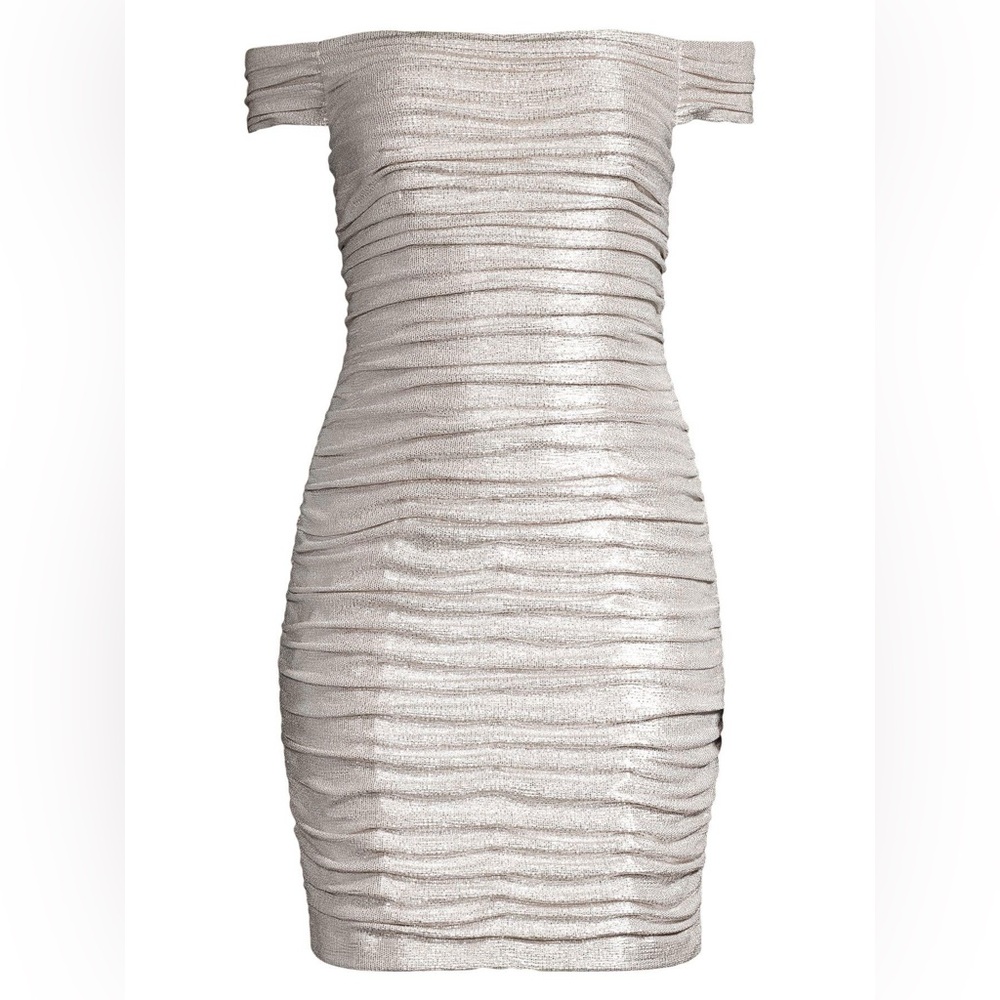 Aidan by Aidan Mattox Off The Shoulder Mini Foiled Cocktail Dress Champagne - Picture 2 of 9